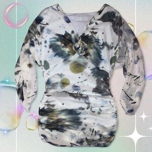 vtg y2k boho chic fairycore euro fashion watercolor ruched micro mesh top, sz xs